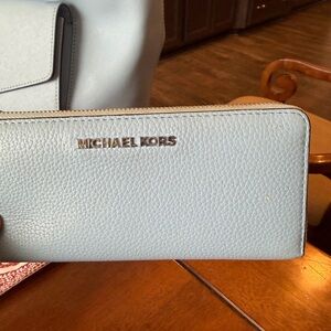 Michael Kors Light Blue Leather Wallet with Silver Accents